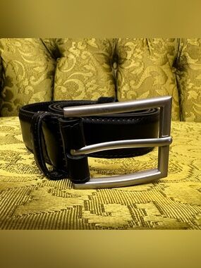 Men's Classic Black Leather Belt Aldi with Brushed Silver Buckle Sz L